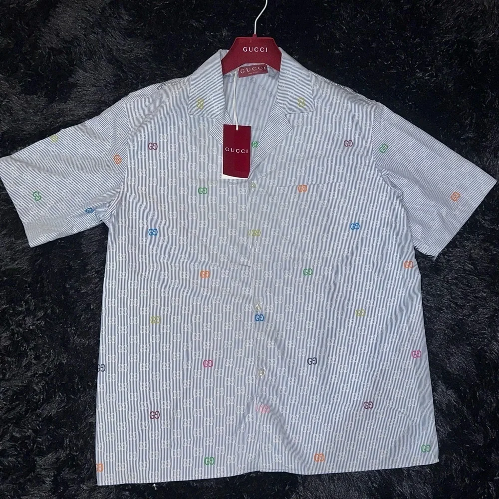 Gucci Blue Striped Short Sleeves Cotton Bowling Shirt